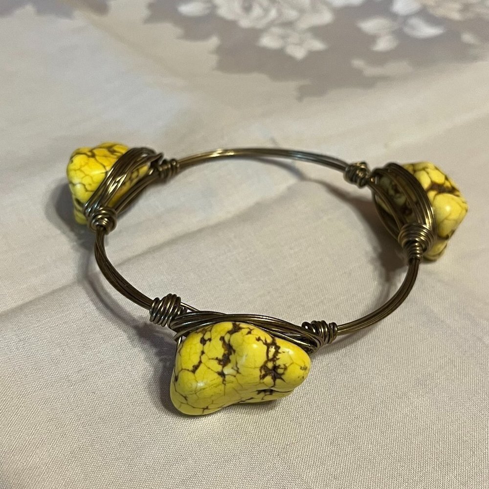 Yellow Turquoise Chunky Brass Wire Wrapped Bracelet Artisan Handmade